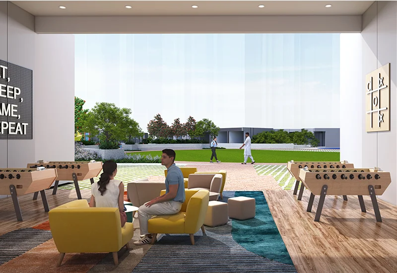 Living room with orange sofa and wooden partition